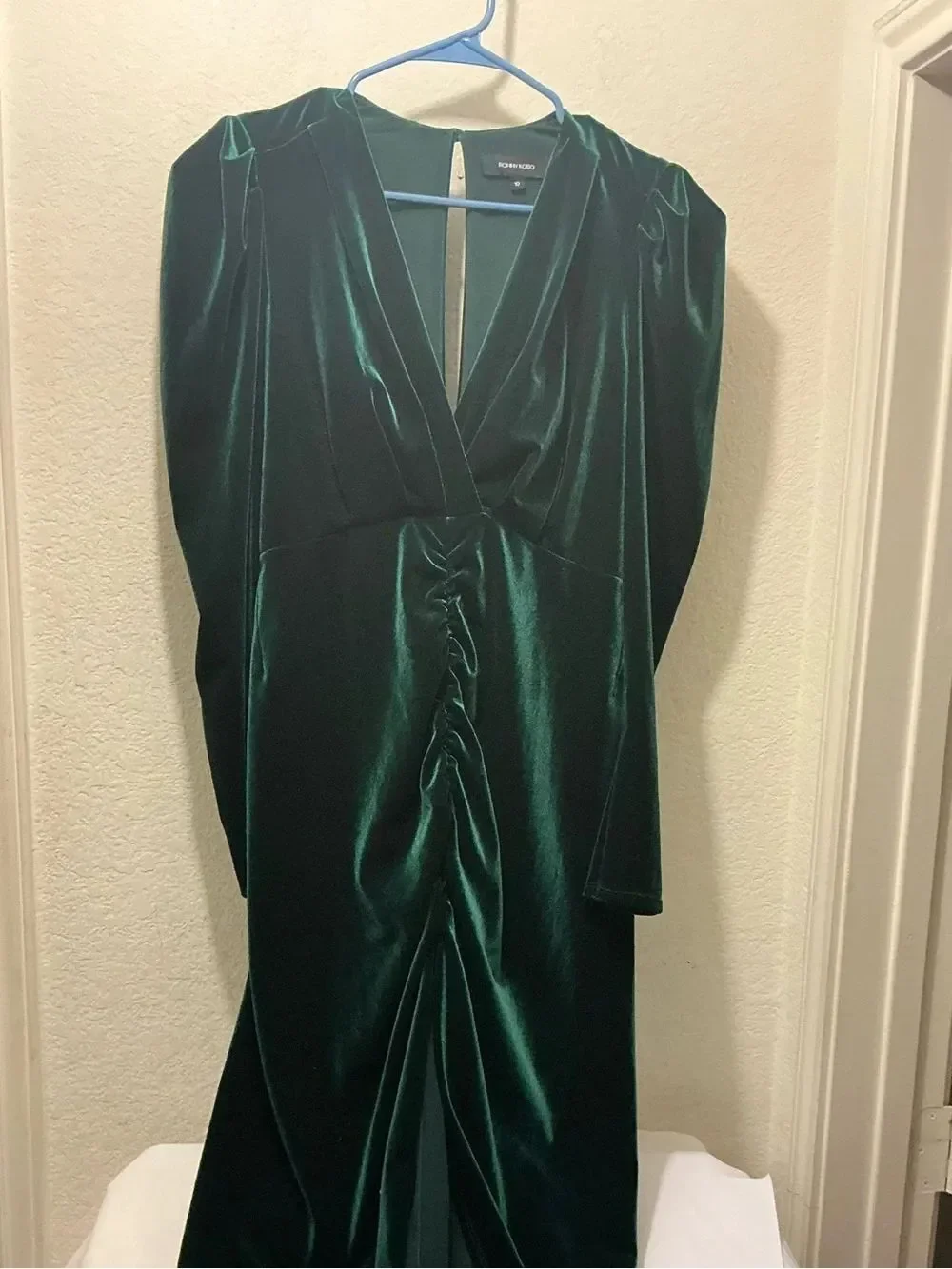 Ronny Kobo Collection Emerald Green Velvet Ruched Midi Dress $598